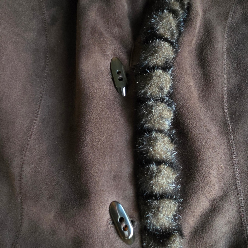 Jones New York Brown Vegan Suede Y2K Faux Fur Lined Coat Large Penny Lane - Picture 10 of 13